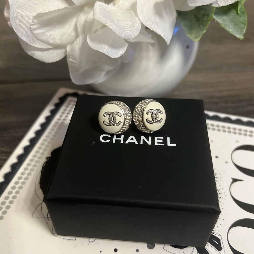 CHANEL 2022 White Enamel Crystal CC Stud Earrings
